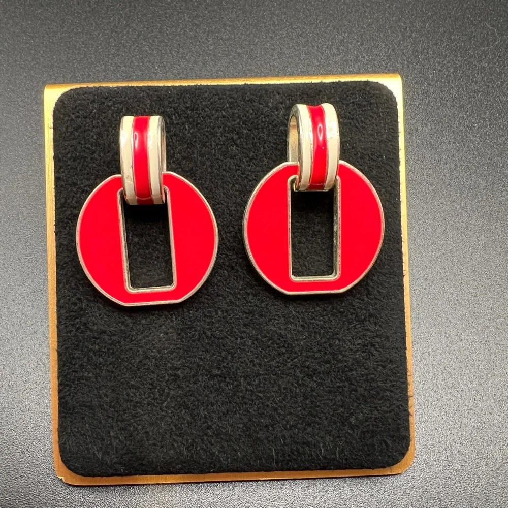 Chaps Drop Earrings Red White Enamel Silver Tone Geometric Bold Striped Nautical